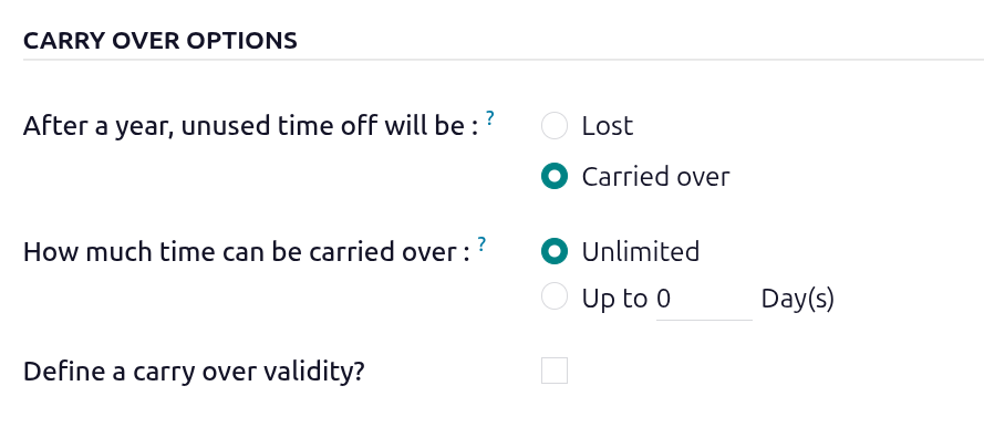 The Carry Over section configured to have unlimited carry over time.