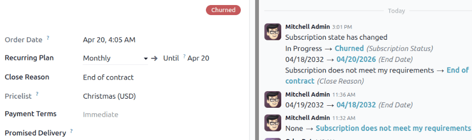 A churned sales order for a closed subscription in Odoo Subscriptions showing the banner and the chatter.