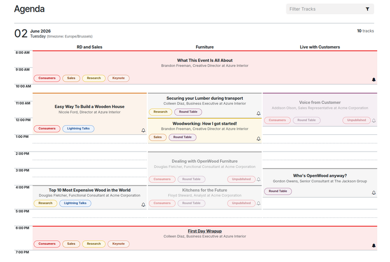 The event Agenda page on the event website built with the Odoo Events application.
