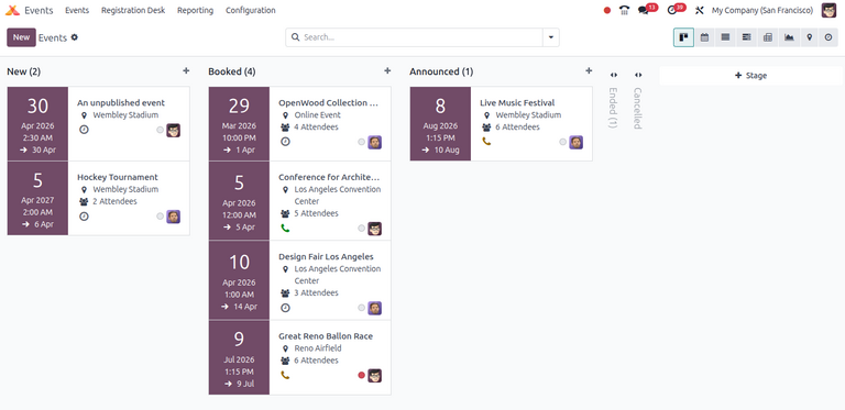 Overview of Events dashboard with the Kanban view in Odoo Events.