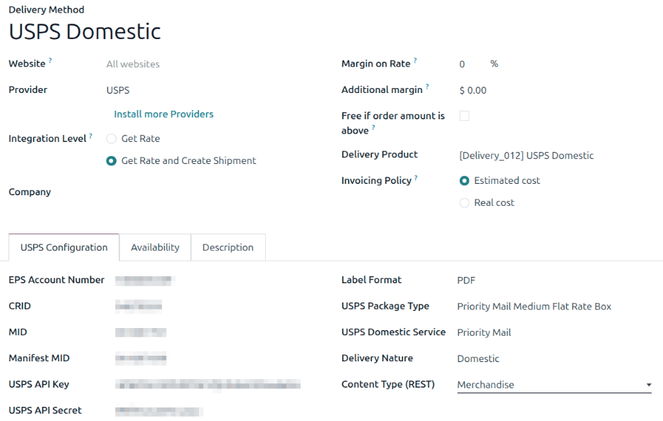 The USPS Domestic delivery method, fully configured.