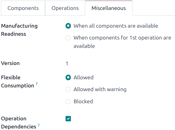 The Operation Dependencies checkbox on the Miscellaneous tab of a BoM.