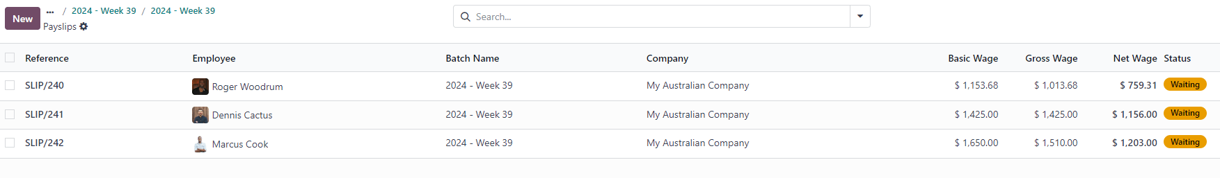 Generated payslips in the waiting stage.