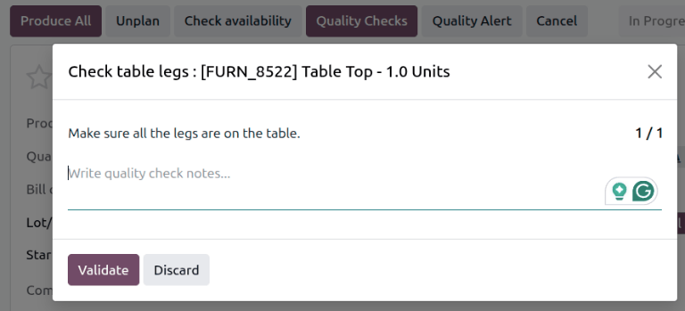 The quality check pop-up window on a manufacturing order.