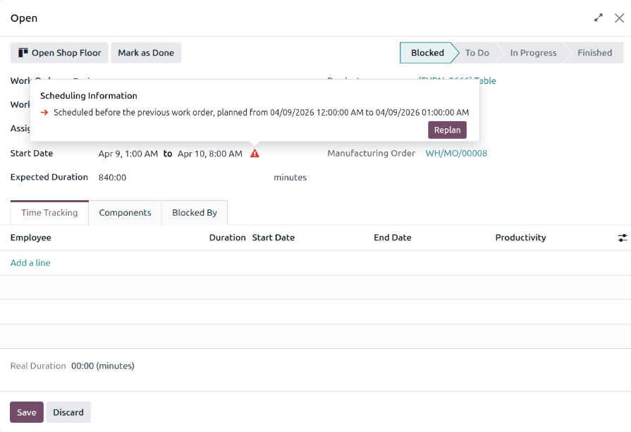 Click the Replan button to reschedule the inconsistent work order.