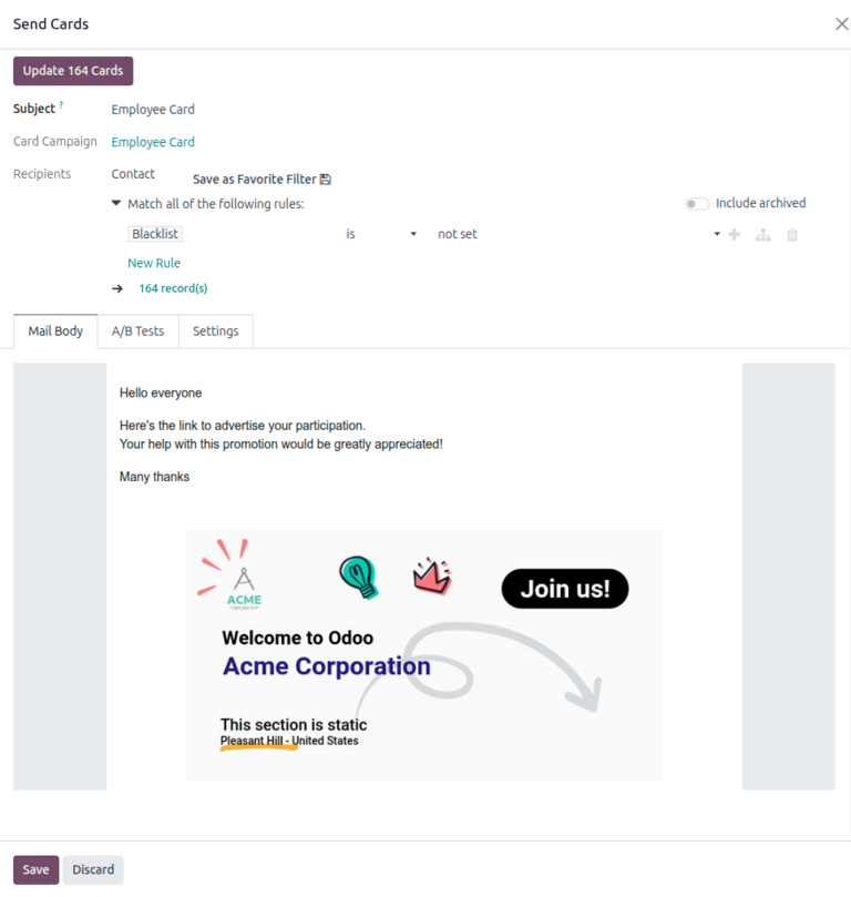 Send Cards window when sending mailing campaigns in Odoo Marketing Card.