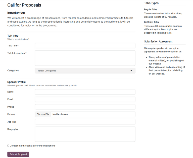 The Talk Proposals page on the event website built with the Odoo Events application.