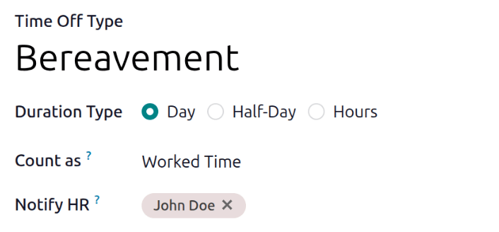 The top half of the time off type form, with all the generic information populated.