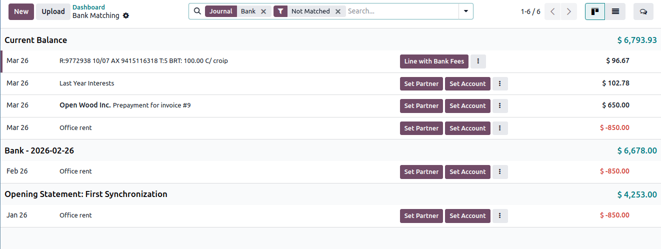 The user interface of the bank matching view of a bank journal.