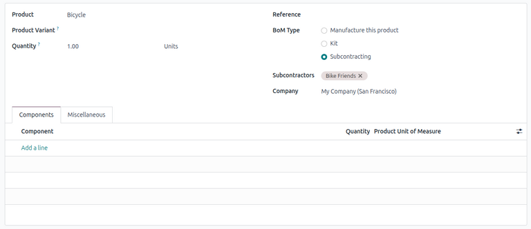 Bill of Materials configuration for subcontracting in Odoo.