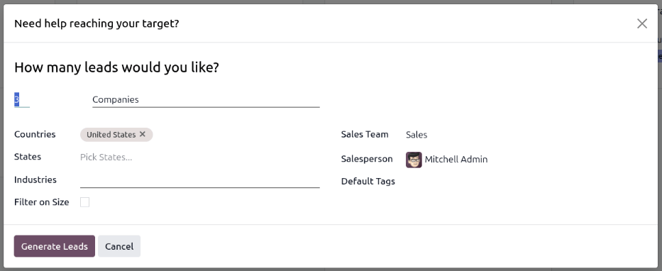 The pop-up window with the selection criteria in order to generate leads in Odoo.
