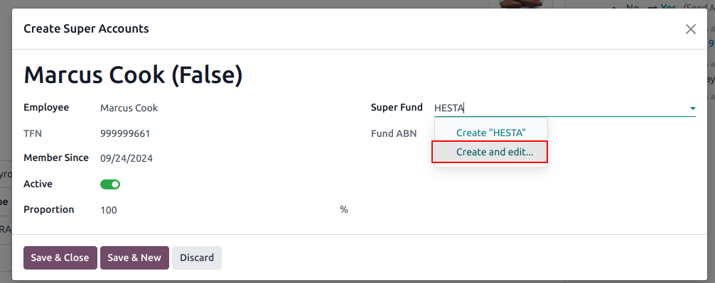 Configuring a super fund and super account for the Australian payroll localization.