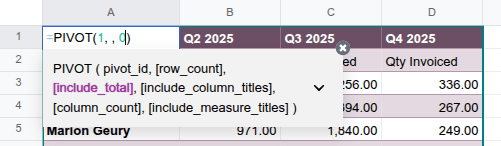 Array function of a dynamic pivot table