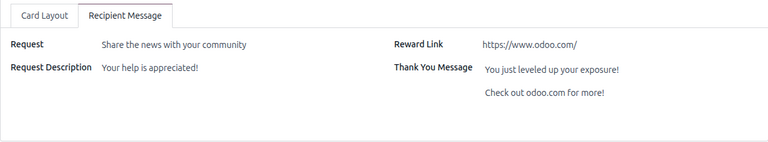 Recipient Message tab in the card campaign form in Odoo Marketing Card.