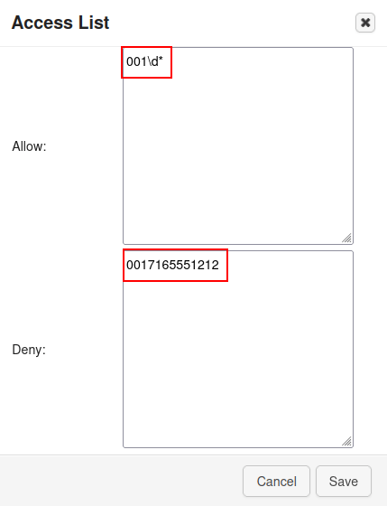 访问列表元素配置，其中允许/拒绝字段已突出显示。