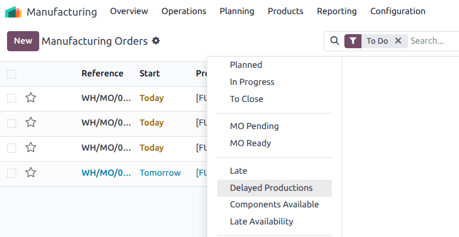 Odoo 中的延迟生产过滤器。
