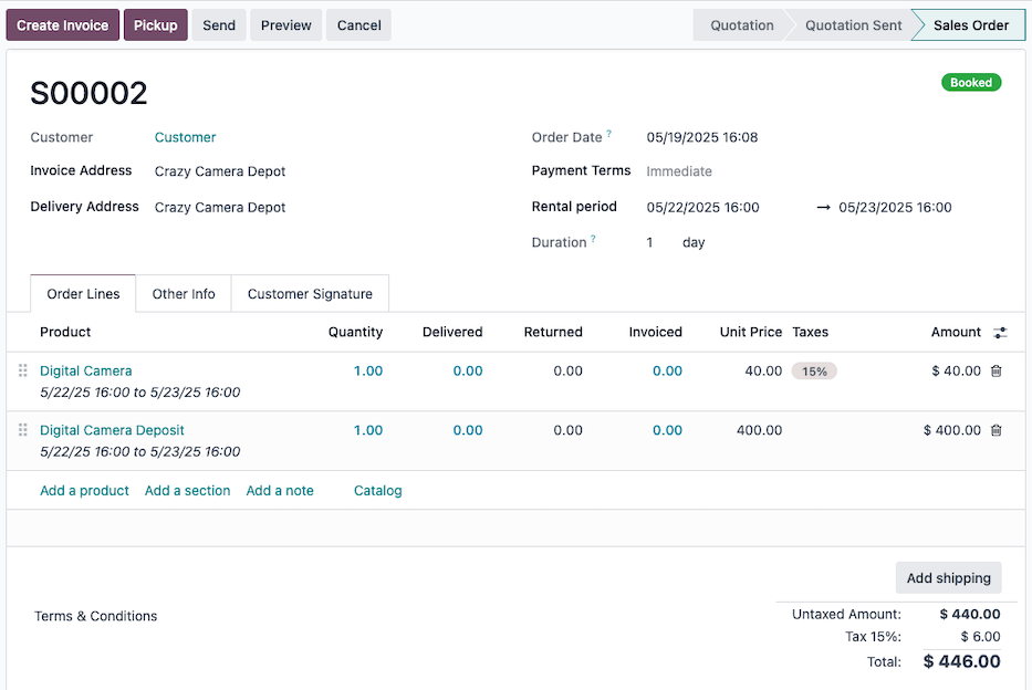 出租报价单中列出的押金服务产品。