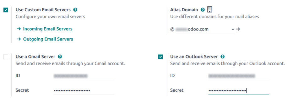 Odoo 常规设置中的 Outlook 凭据。