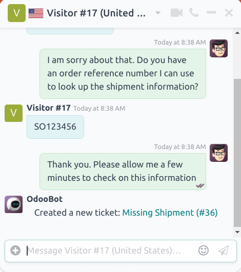 在 Odoo 在线客服中创建了服务台工单的聊天窗口视图。