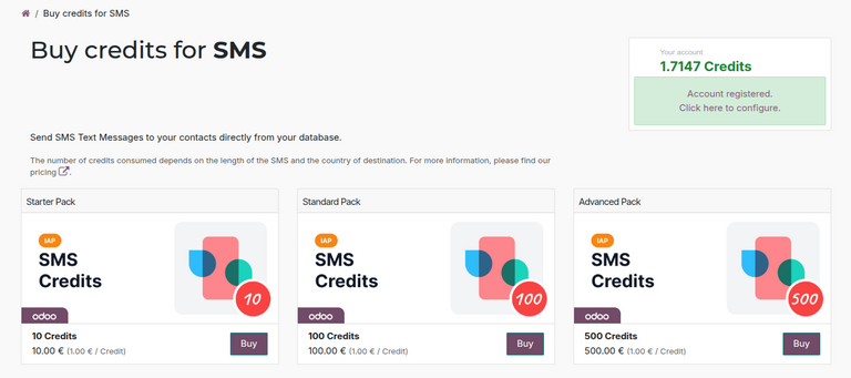 Odoo IAP 门户中的购买短信信用页面。