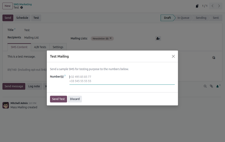 Odoo 短信营销中短信测试的视图。