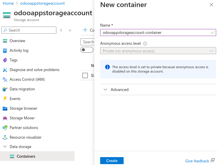 创建 Microsoft Azure 存储容器