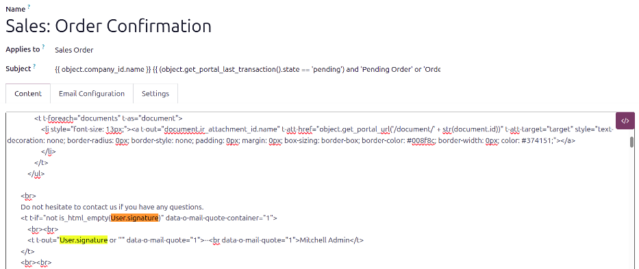 The two 'object.user_id.signature' fields replaced with 'User.signature'.