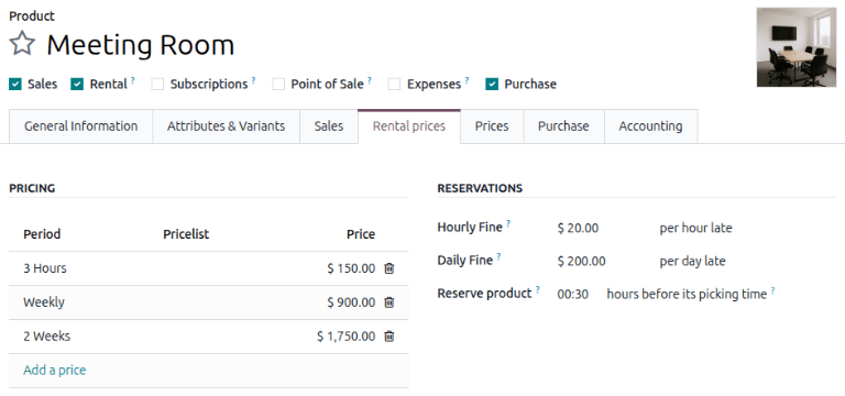 How the Settings page appears in the Odoo Rental application.