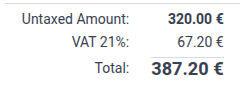 Odoo 自动计算 21% 税的税额。