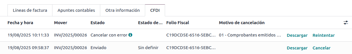 CFDI 选项卡中已取消的发票细列项目。