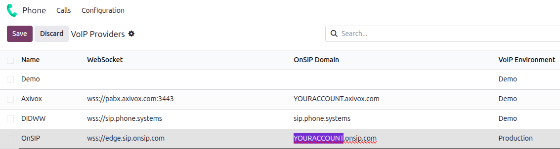 在\ *Odoo 电话*\ 应用中的 OnSIP 配置设定。