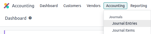 Accounting menu showing the Journals menu section.