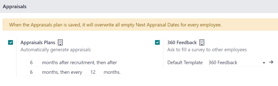 The appraisals sections with the timeline filled in and 360 feedback enabled.