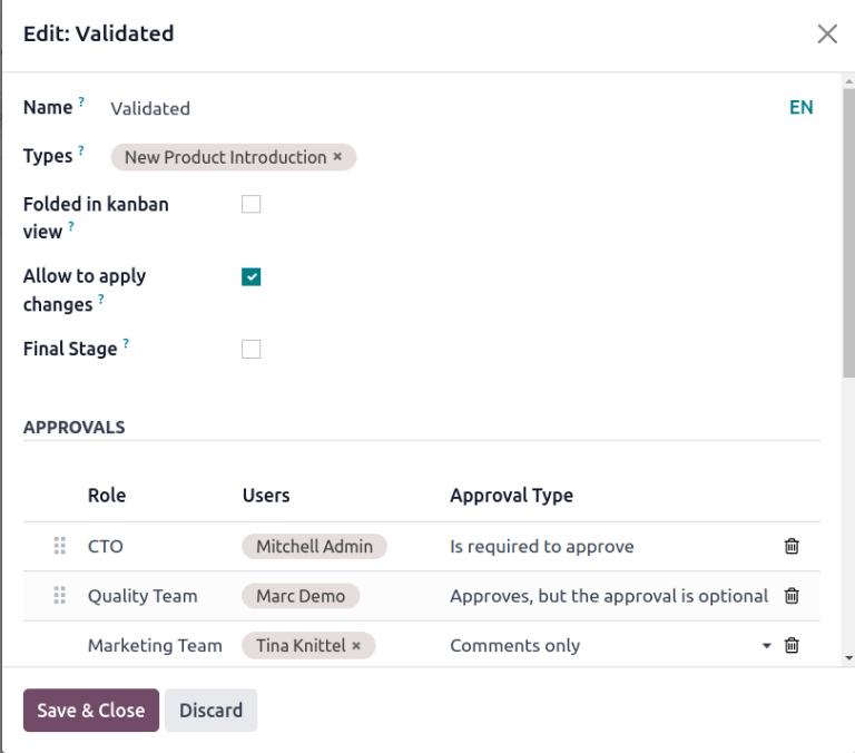 Set an approver that "Is required to approve" ECOs in the "Validated" stage.