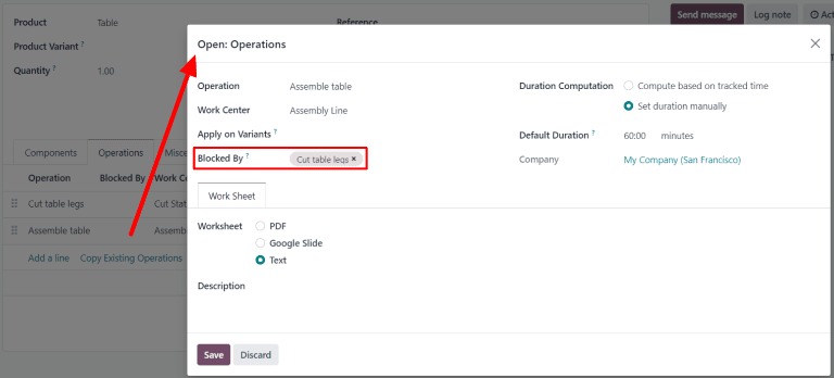 The Blocked By drop-down field for an operation on a BoM.