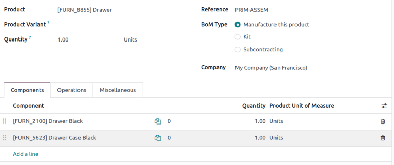 Show BoM for a product, with components listed.