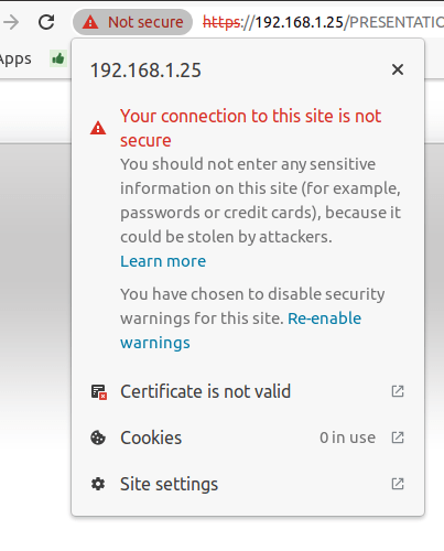 Connection to the printer not secure button in Google Chrome browser.