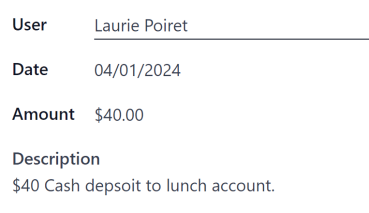 The cash move form filled out for a transaction of $40.00.