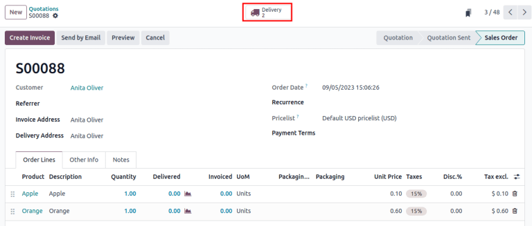 Example sales order for an apple, orange, and banana.