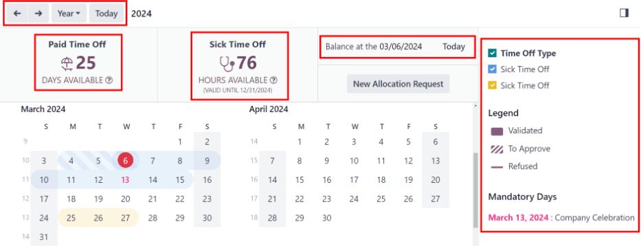 Time off dashboard view with the legend, time off summaries, and view buttons highlighted.