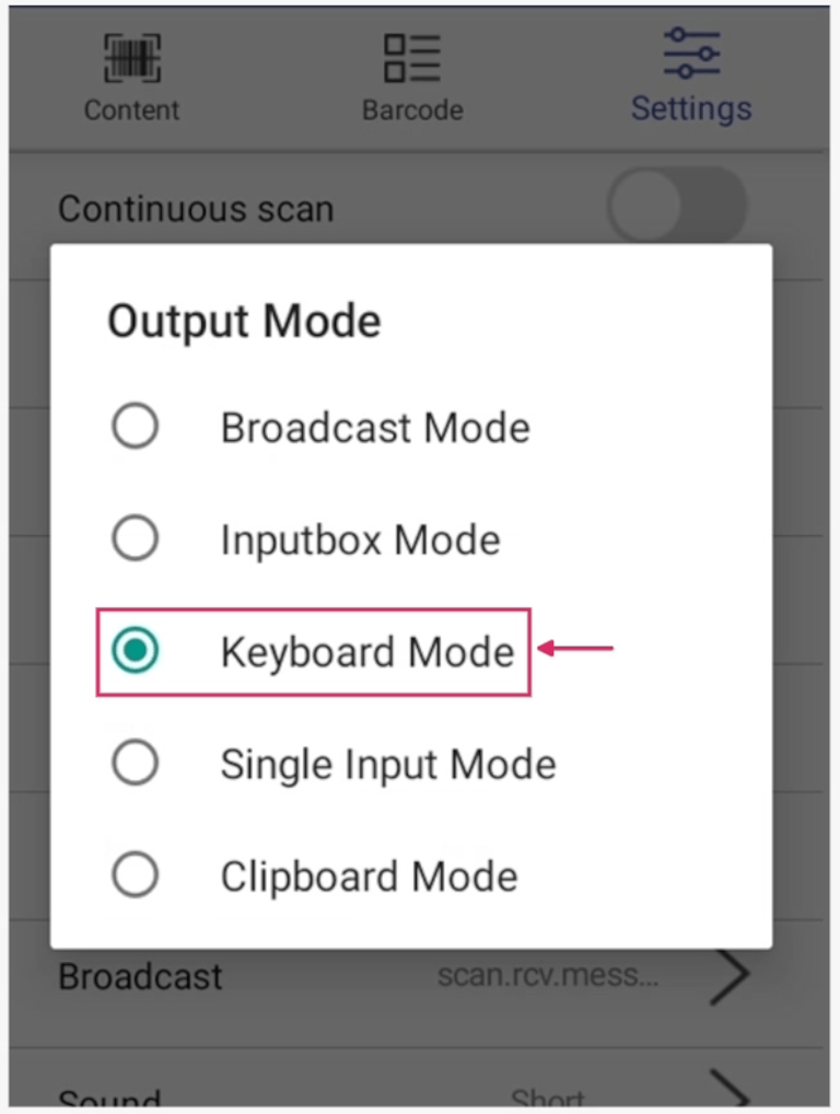 Output mode pop-up window on MUNBYN scanner.