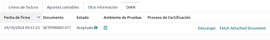 EDI document record available in DIAN tab.