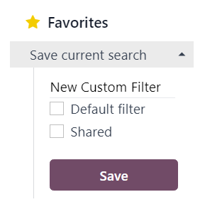 View of the Favorites drop-down menu on the Odoo Email Marketing application.