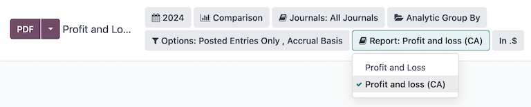 Profit and loss report selection for CA localization in Odoo.