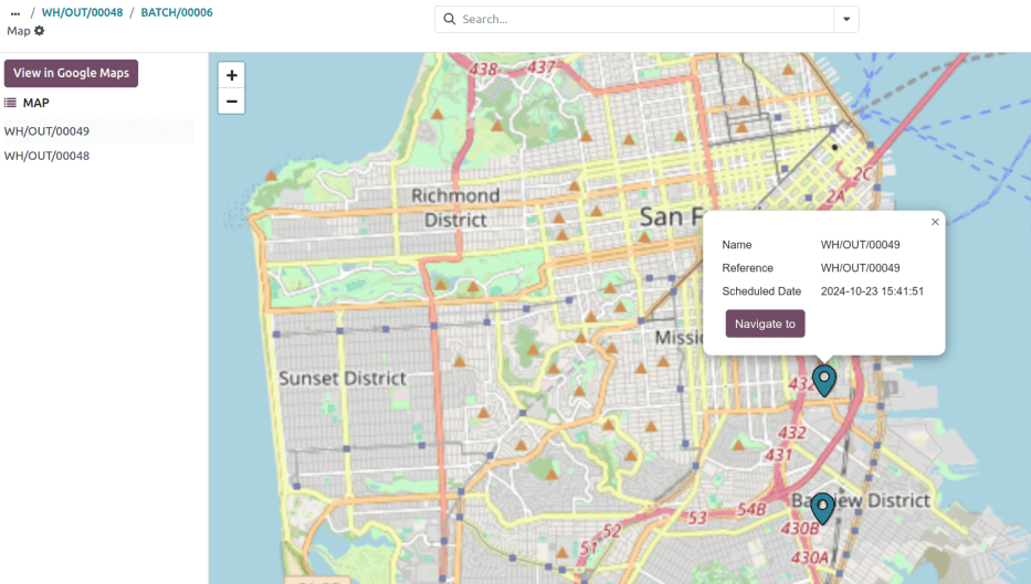 Show map in Odoo, with information of the delivery orders.