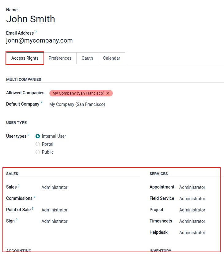 View of a user's form emphasizing the access rights tab in Odoo.