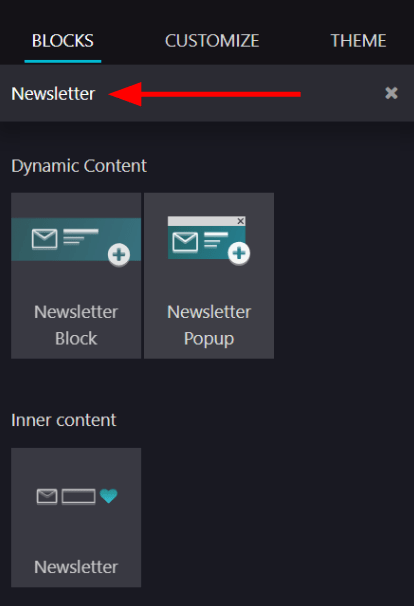 View of how to quickly search for Newsletter blocks in the Odoo Website application.