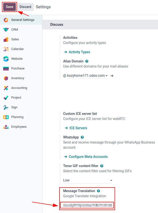 Odoo configuration of the API key from the *Google API Console*.