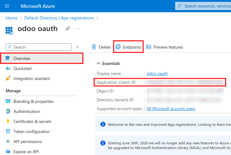 Application ID and OAuth 2.0 authorization endpoint (v2) credentials.