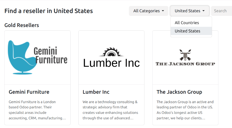 An example of the partners webpage, displaying available partners by level and location.